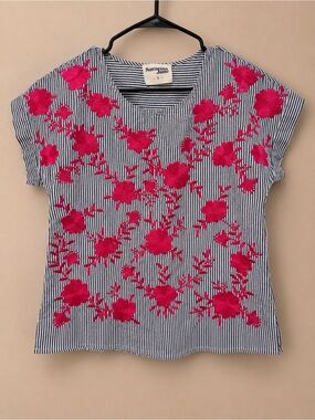 Savanna Jane Navy Stripe Tee with Hot Pink Floral Embroidery